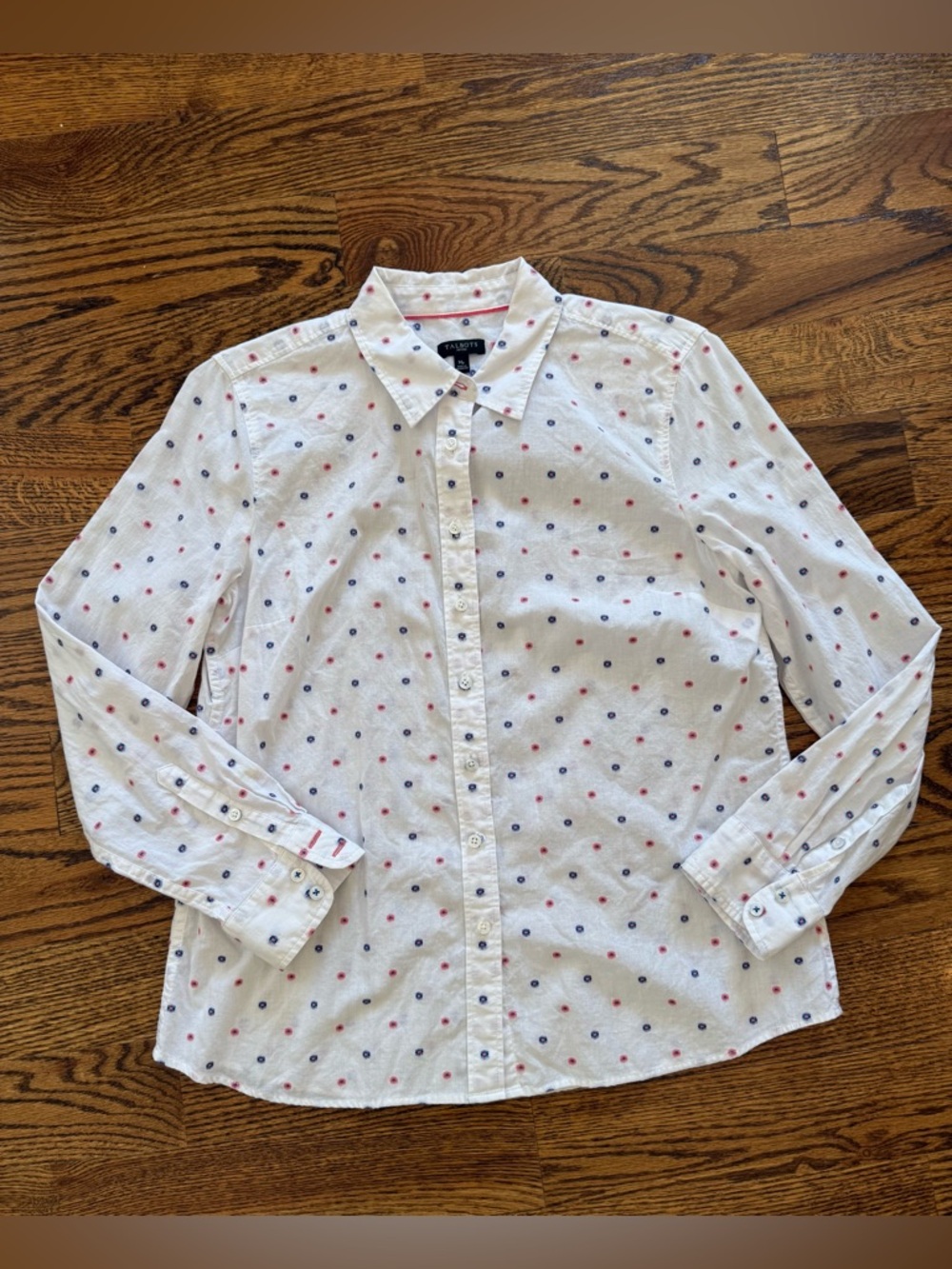 Talbots Perfect white Shirt Red Blue polka dot print size Medium MP holiday